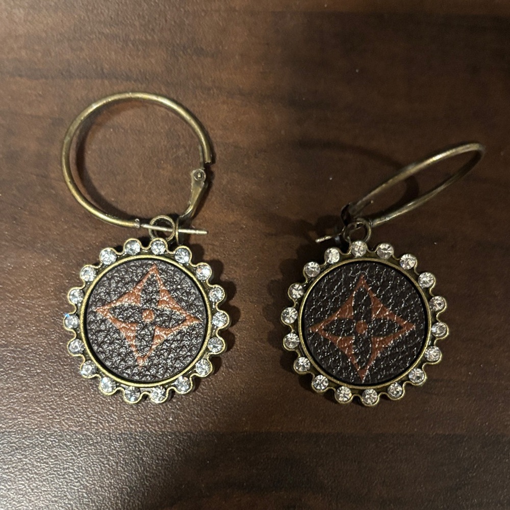 upcycled louis vuitton Logo Drop Earrings with Rhinestone Frame